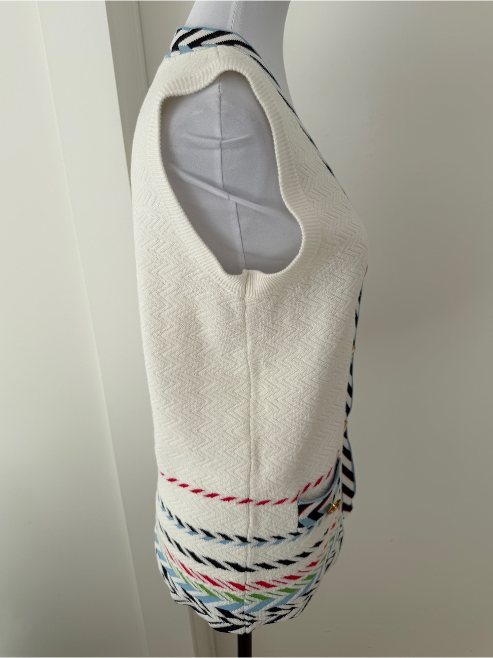 CHINSTUDIO Button Front Knit Vest Chevron Stripe Trim Preppy Nautical Nordic - Picture 5 of 17